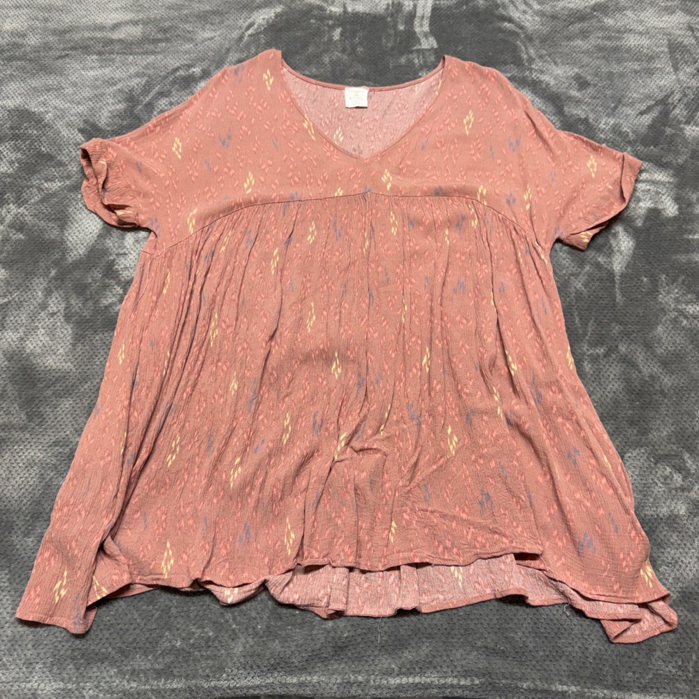 By Together Collection Womens Small Boho Babydoll V-Neck Top Pink Ikat RJ1504